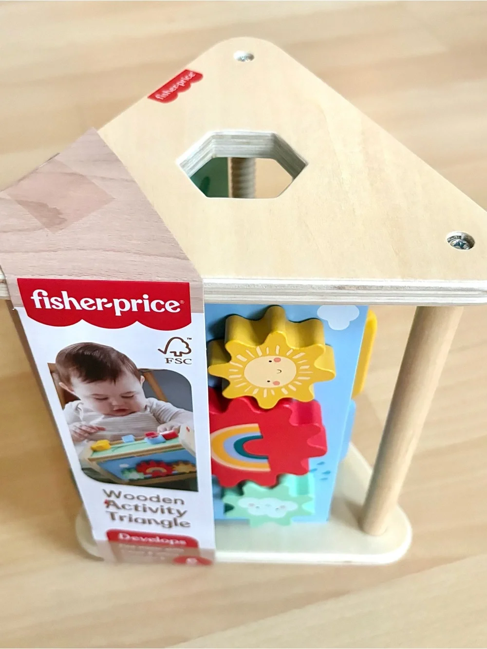 Fisher Price Wooden Activity Triangle 3-Sided Fine Motor Toy for Baby 6M+